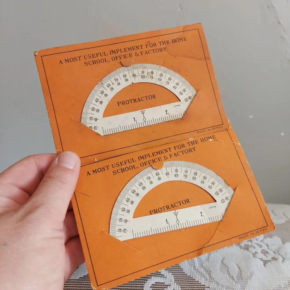 Vintage Japan White Metal Protractor Set 2pc Retro Drafting Ruler Math Tool